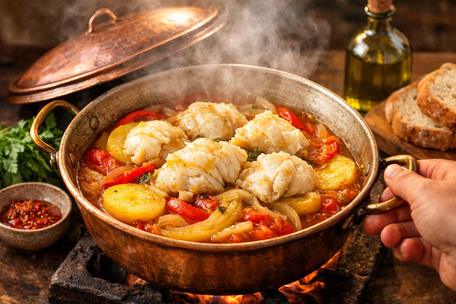 Tacho de cobre com cozido de peixe, batatas, pimentos e cebola, ao lado de pão e azeite, de onde sai vapor.