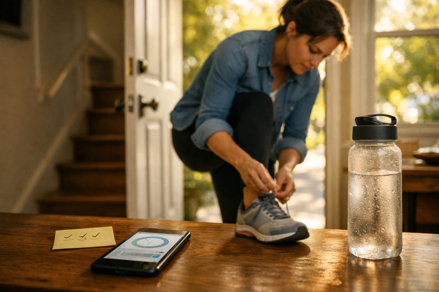 Mulher a atar os ténis ao lado de uma garrafa de água e um telemóvel numa mesa, perto de umas escadas.