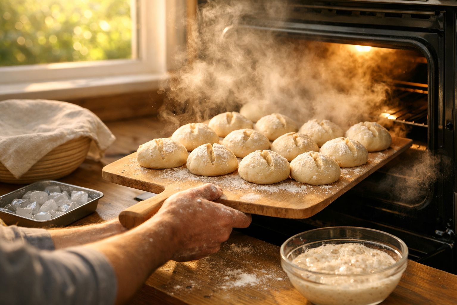 Pão fresco a ser colocado no forno, em tabuleiro de madeira, com vapor visível na cozinha iluminada por janela.