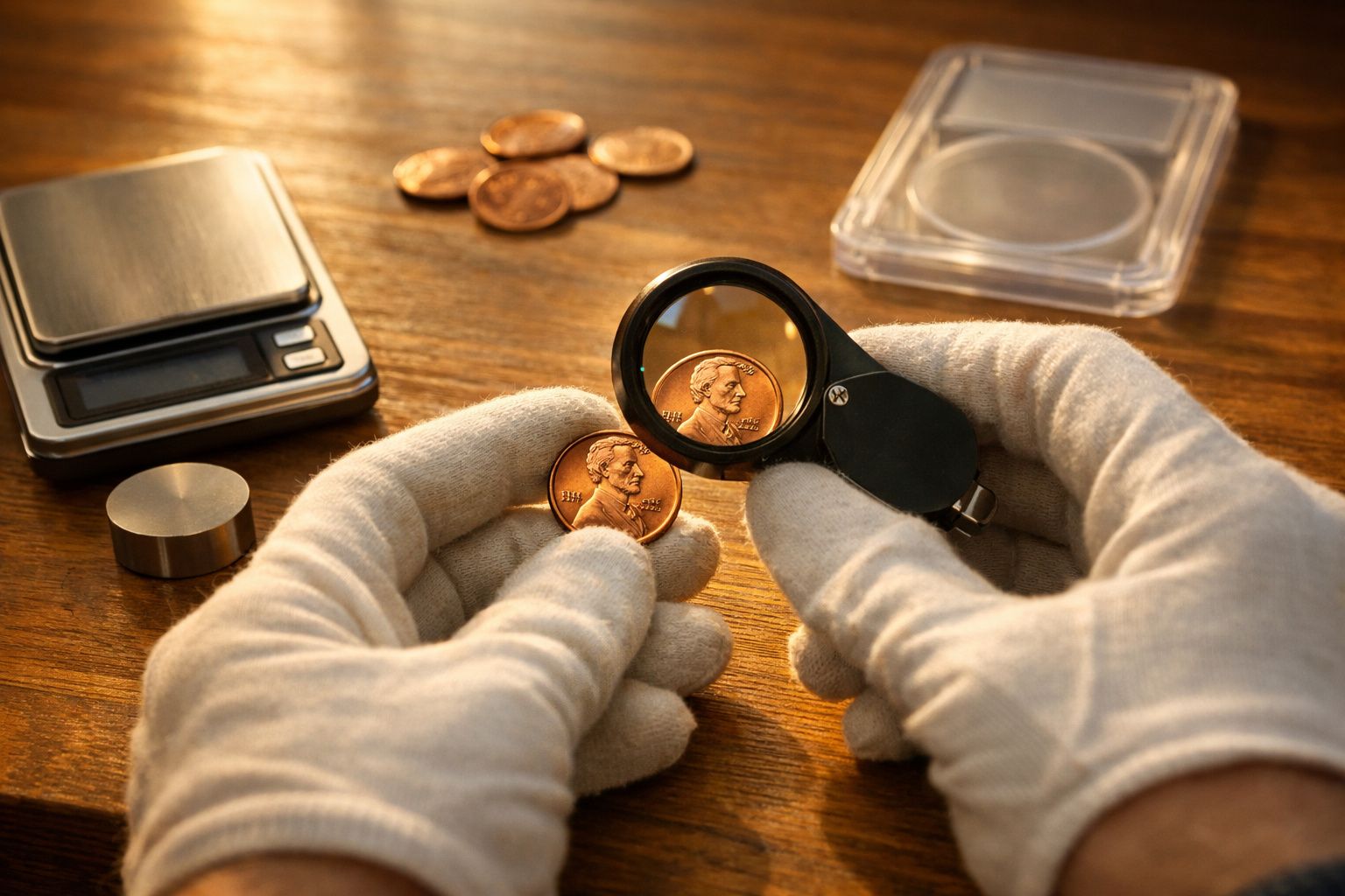 Pessoa com luvas examina moeda com lupa; balança e moedas ao fundo.