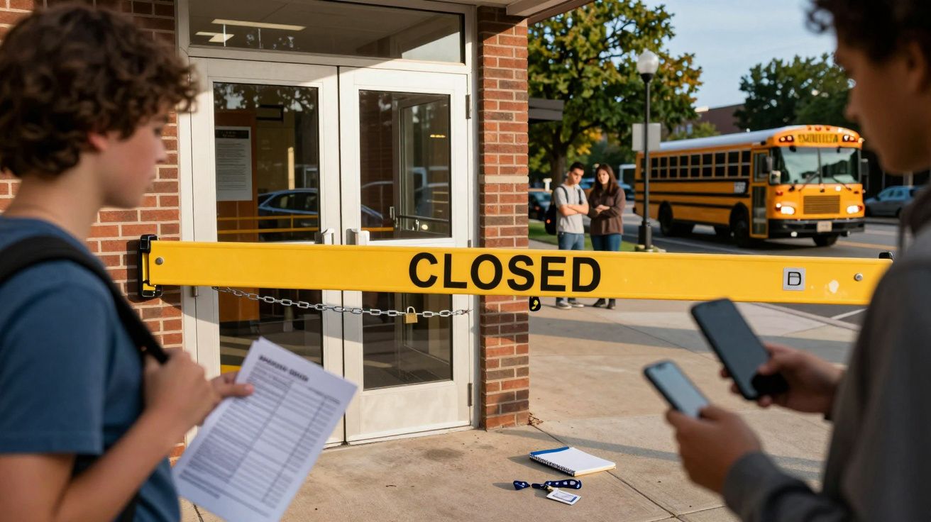 Estudantes em frente a uma escola fechada com uma barreira amarela, um autocarro escolar ao fundo.
