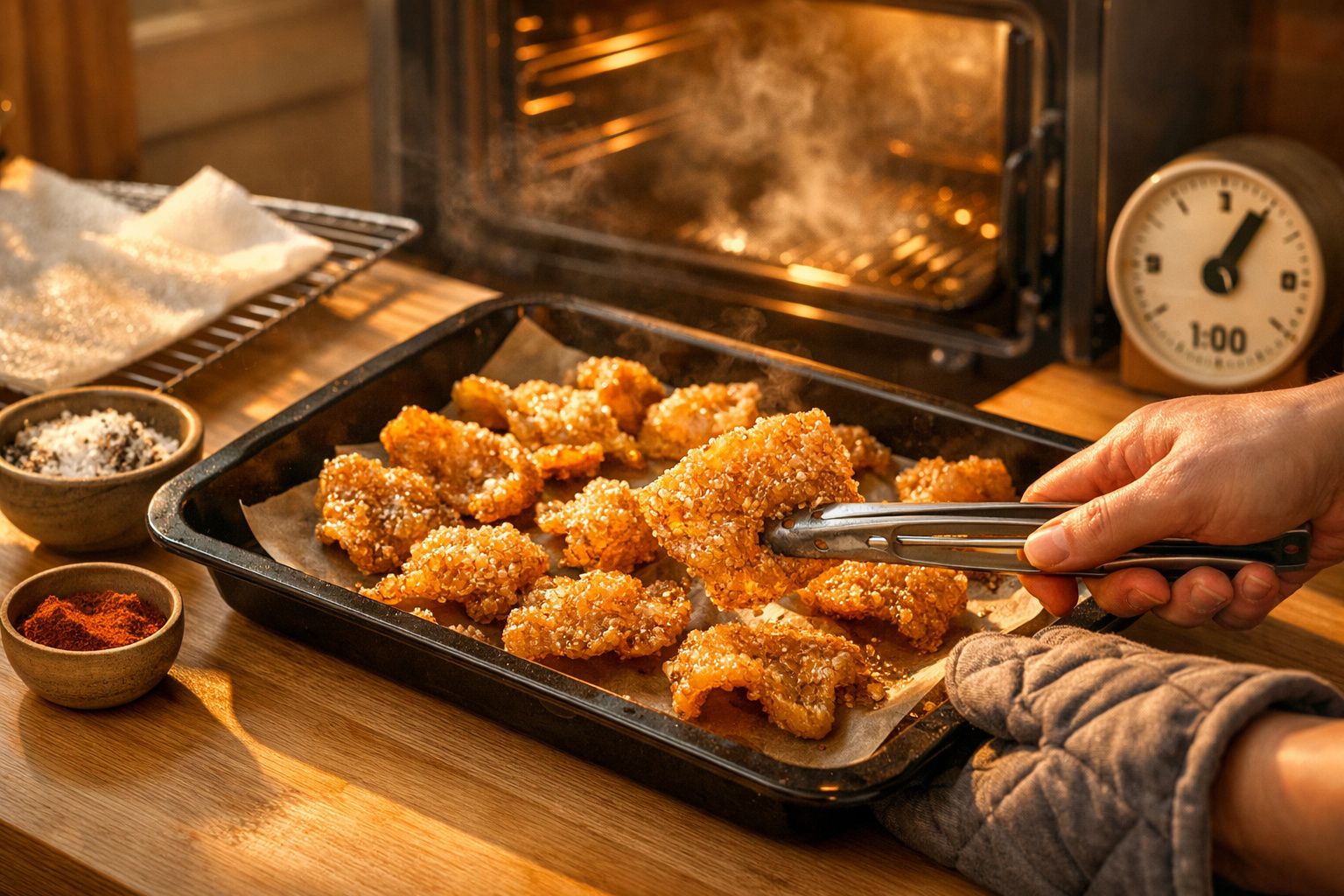 Mão usando pinça para girar pedaços de frango empanado em tabuleiro ao lado de forno, com especiarias e temporizador.