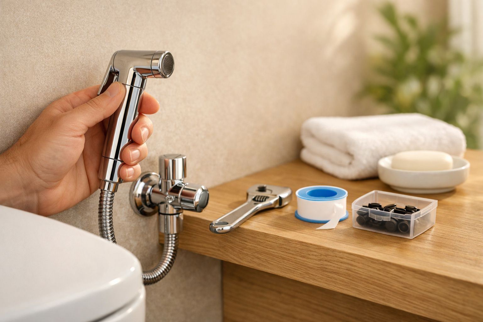 Mão segurando um pulverizador de bidé ao lado de uma chave inglesa, toalhas, fita de vedação e caixa de acessórios.