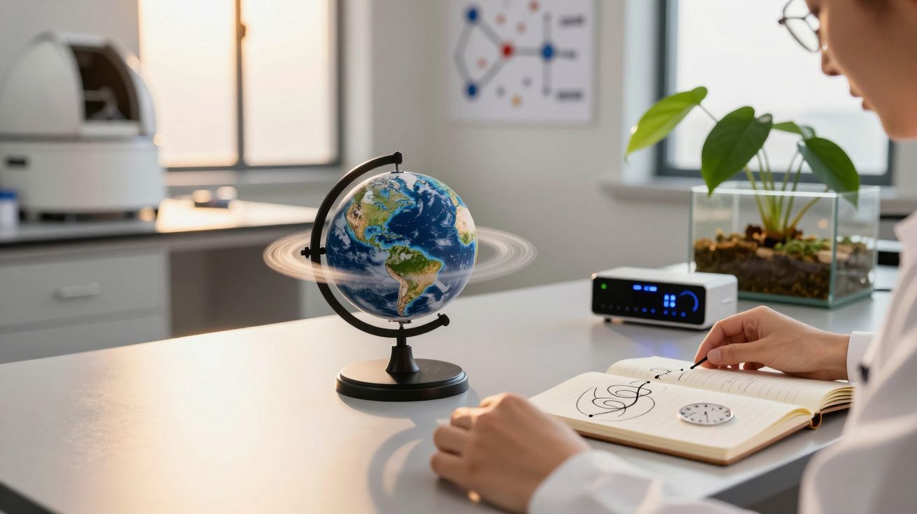 Pessoa em laboratório observando um globo terrestre enquanto faz anotações num caderno, ao lado de planta e aparelho elétrico