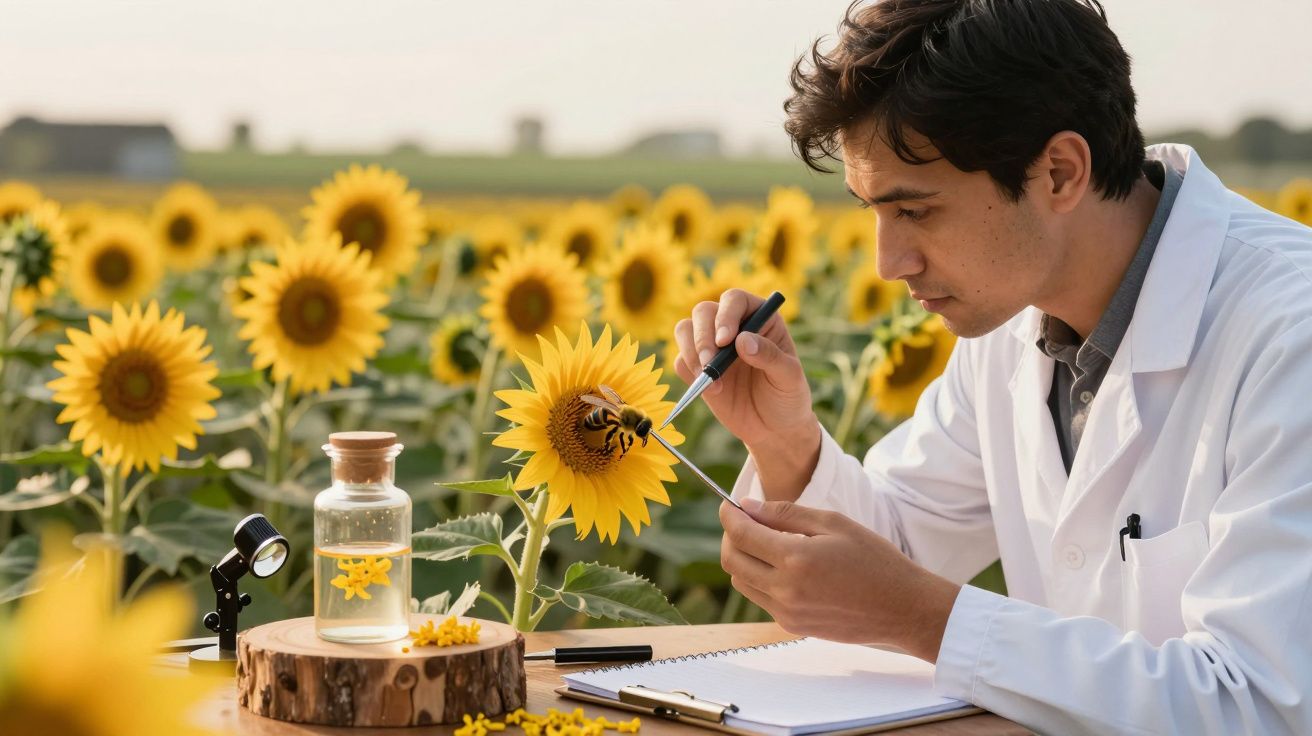 Investigador analisa girassol com abelha numa plantação, usando pinça e caderno; frasco e lupa ao lado.