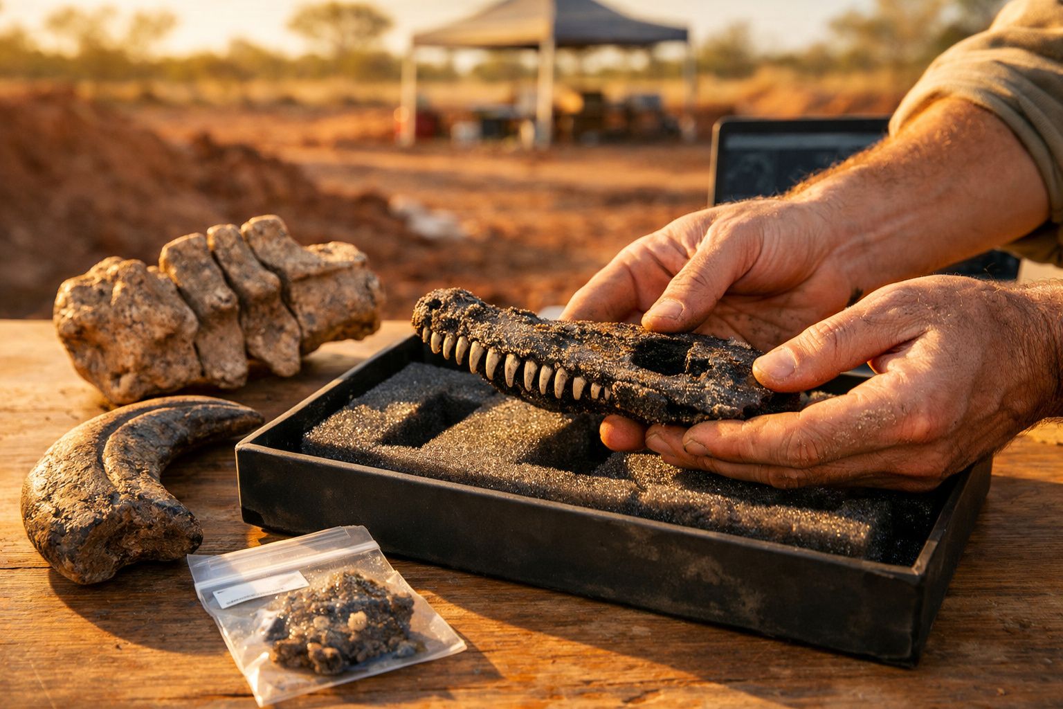 Mãos segurando uma mandíbula fossilizada sobre uma mesa com outros fósseis, em um sítio arqueológico ao ar livre.