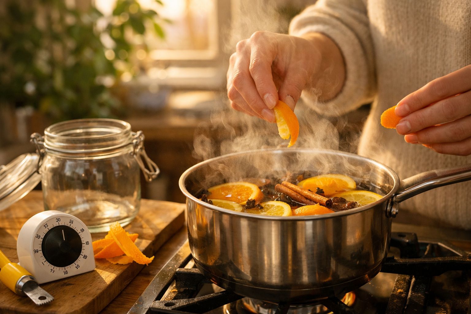 Pessoa adiciona cascas de laranja, canela e cravinho a uma panela a ferver. Jarro de vidro e temporizador ao lado.
