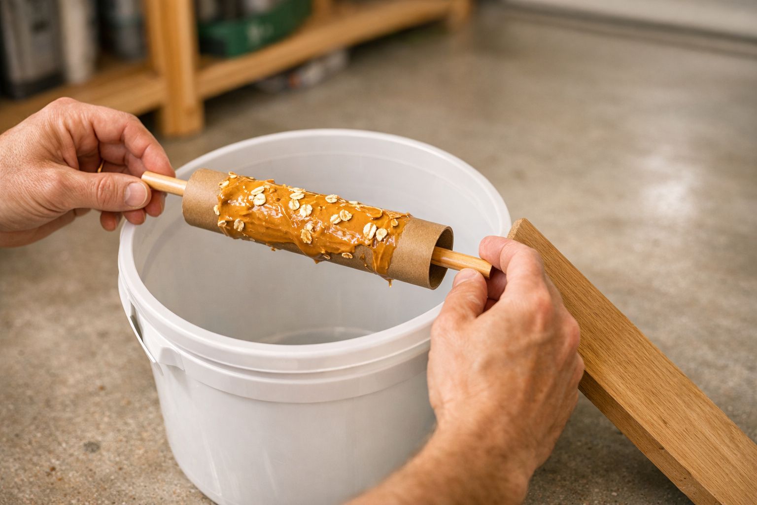 Mãos seguram um rolo de papel coberto com manteiga de amendoim e aveia sobre um balde branco, apoiado por uma ripa de madeira