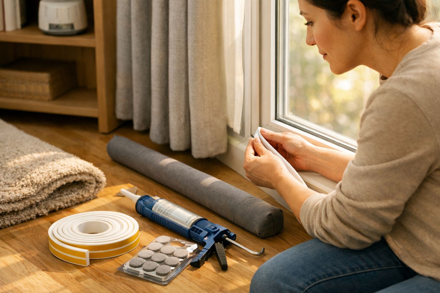 Mulher a instalar isolamento numa janela, com ferramentas e materiais no chão ao lado de uma carpete cinzenta.