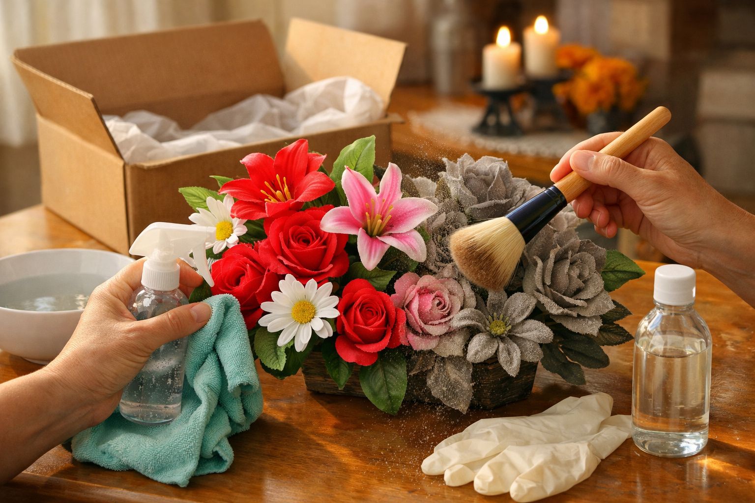 Pessoa limpa flores artificiais coloridas numa mesa de madeira com pincel e spray.