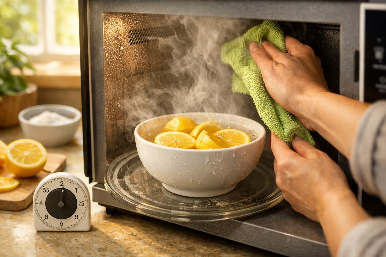 Mãos limpam um micro-ondas com um pano verde após aquecer limões numa tigela, com vapor visível.