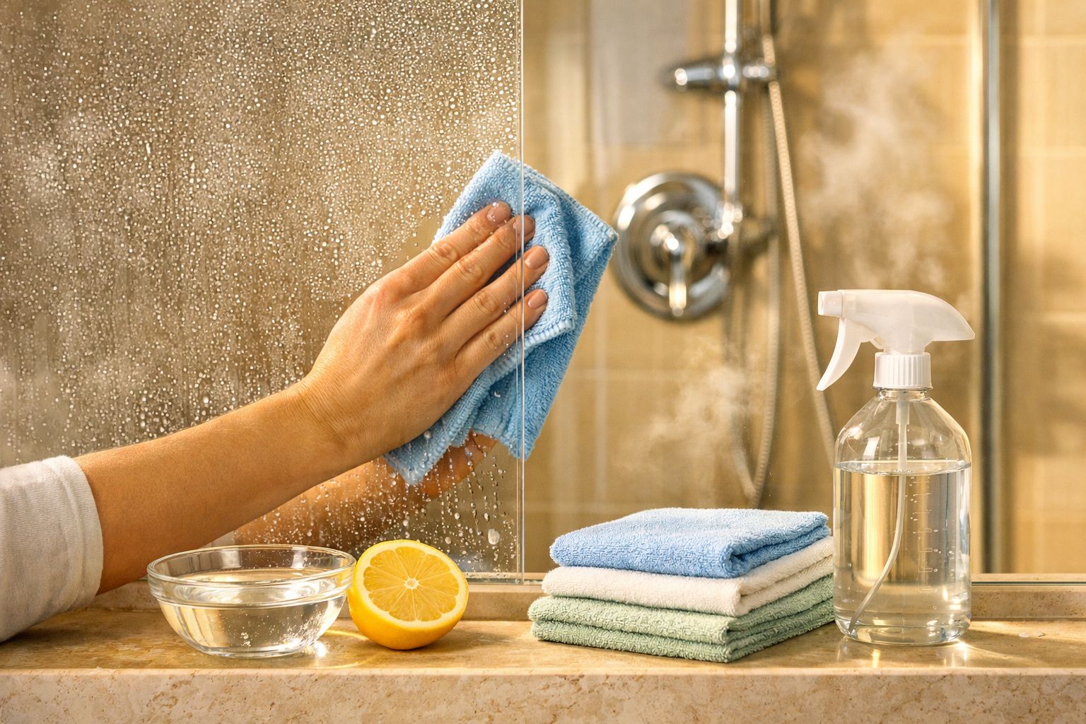 Mão limpando espelho de casa de banho com pano azul. Ao lado, limão, spray e toalhas empilhadas.