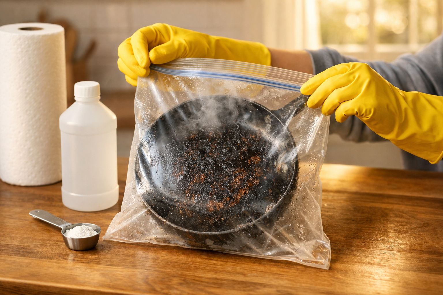 Assadeira queimada em saco plástico, mãos com luvas amarelas, garrafa e colher medidora sobre a mesa.