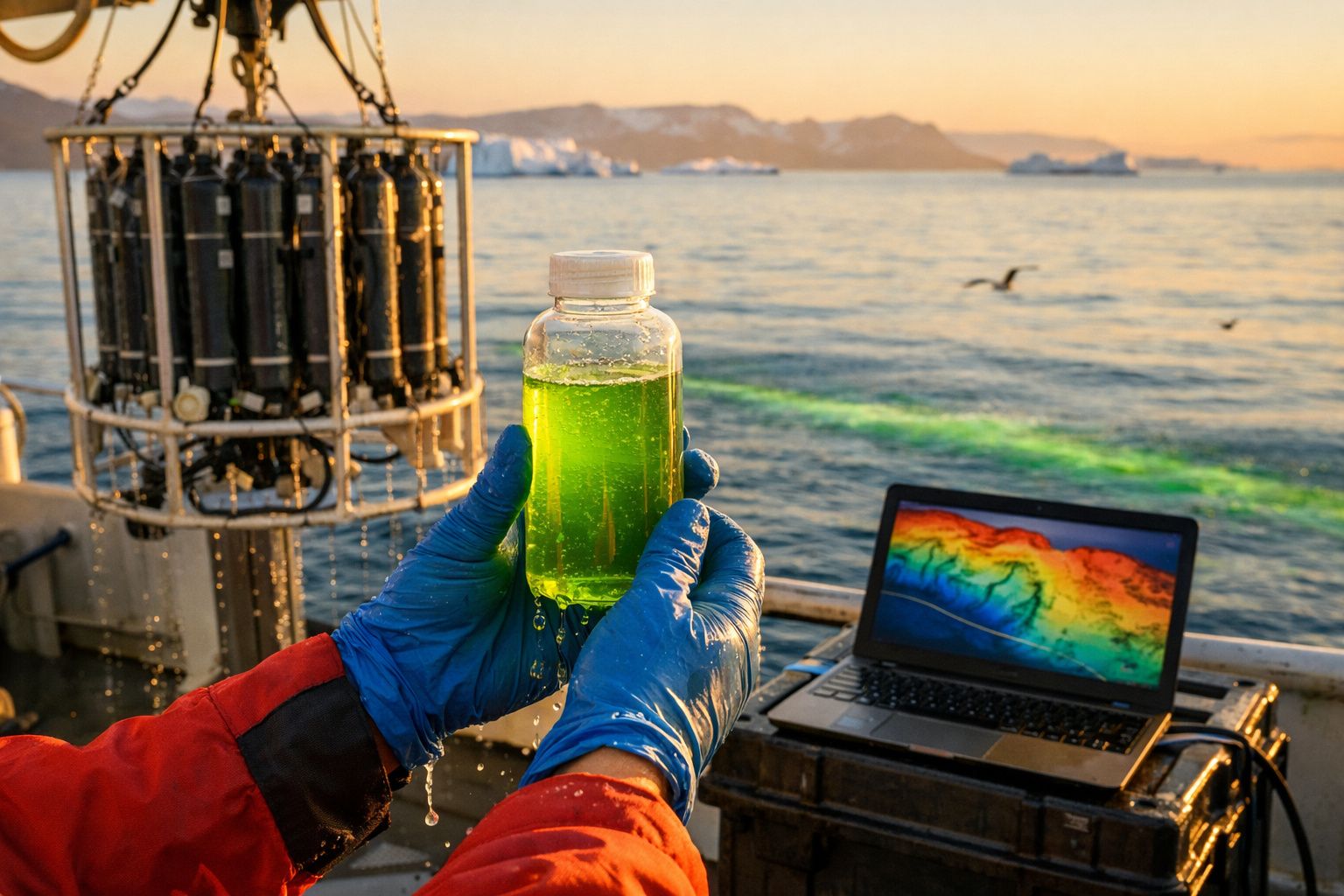 Investigador de luvas azuis segura amostra verde num barco, com mar ao fundo e portátil a mostrar dados.