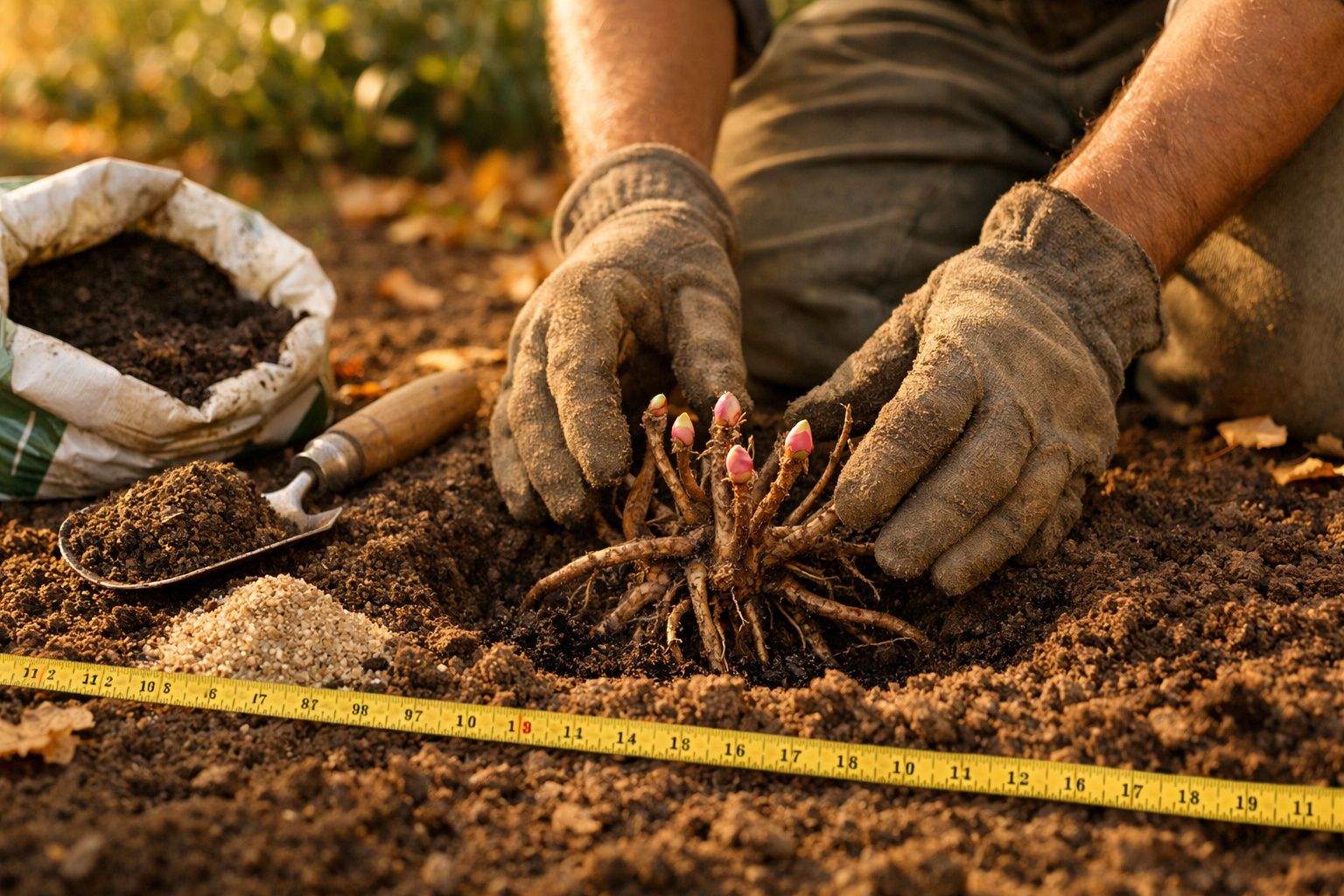 Mãos com luvas plantam raiz de flor em terra preparada com fita métrica e pá ao lado.
