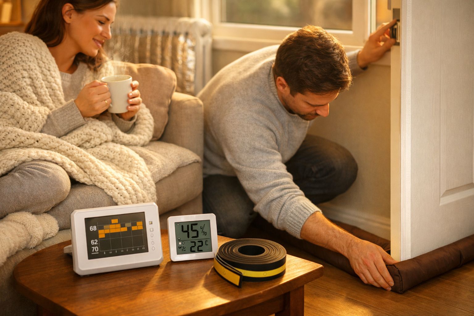 Homem instala isolamento na porta; mulher no sofá com chá. Termómetros mostram 45% humidade e 22°C.