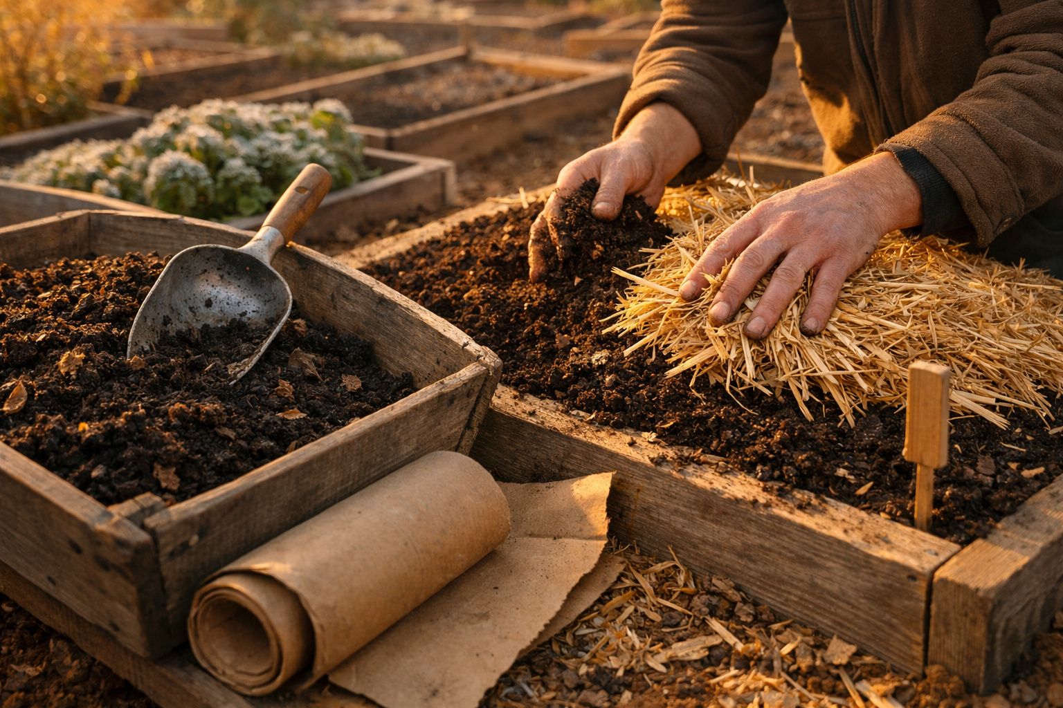 Pessoa a aplicar palha em canteiro de horta ao pôr do sol, com pazinha e rolos de papel ao lado.