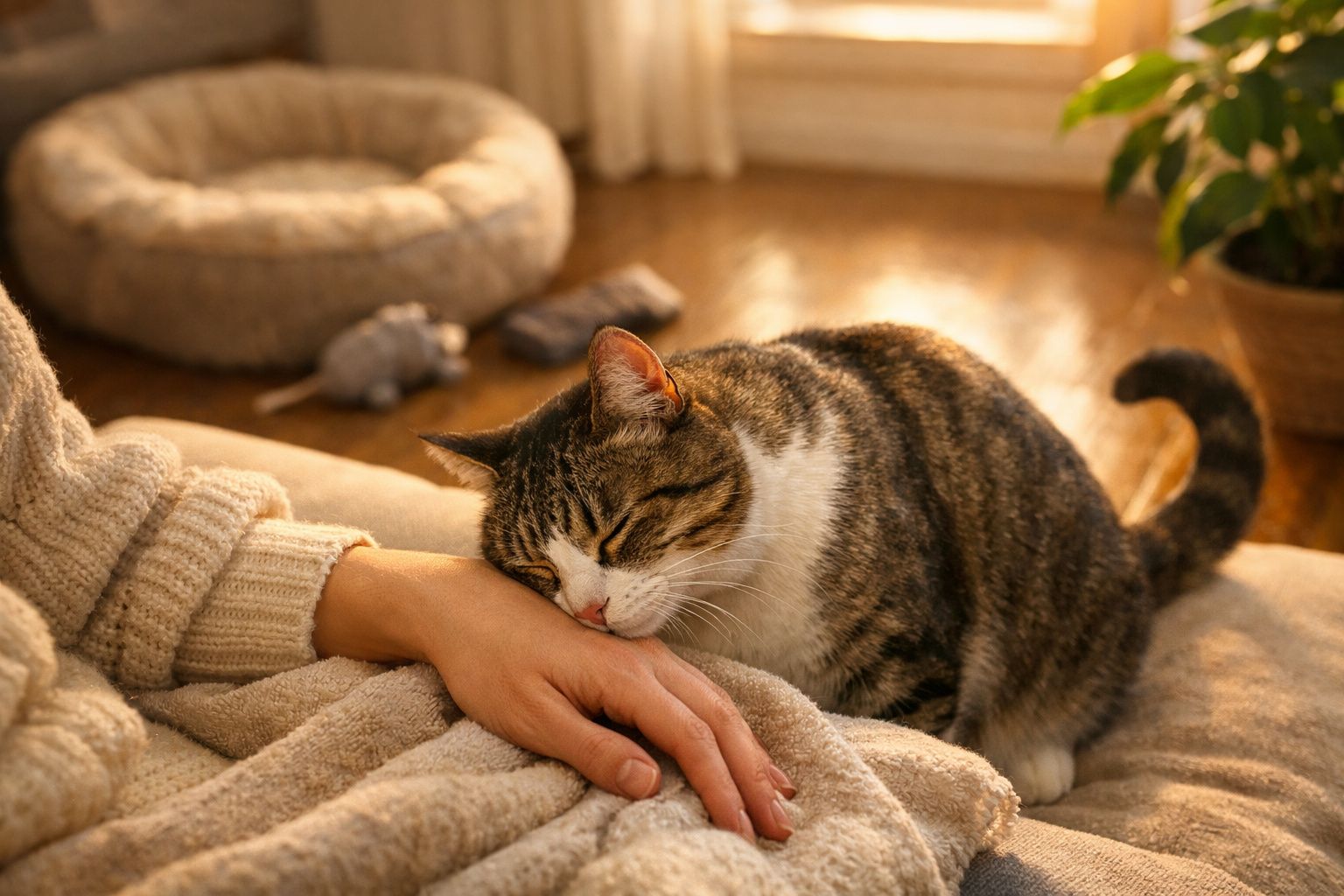Gato adormecido encostado na mão de pessoa, ao lado de camas e brinquedos, num ambiente acolhedor com luz suave.