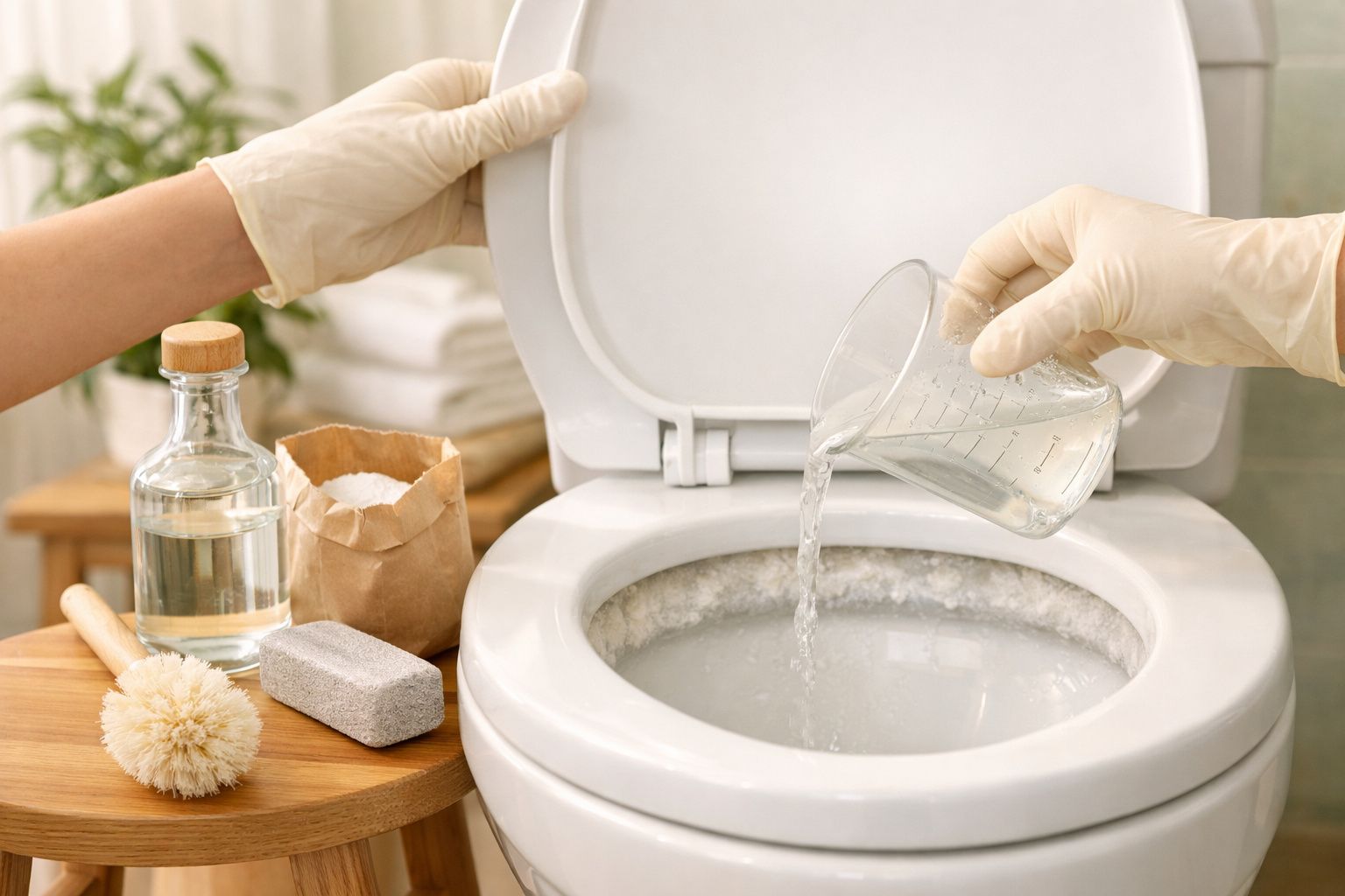 Pessoa despeja líquido na sanita com luvas, rodeada de produtos de limpeza naturais.