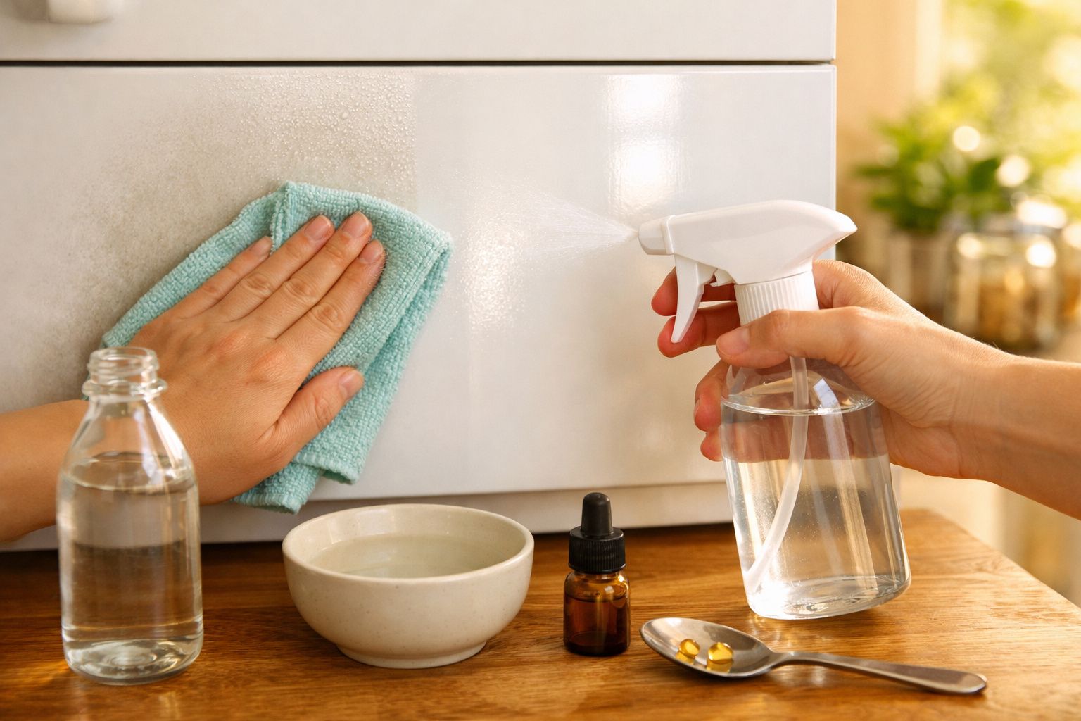 Duas mãos limpam uma superfície branca com pano azul e spray. Frascos e tigela sobre a mesa.