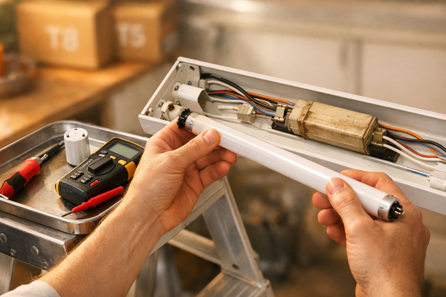 Pessoa a segurar tubo fluorescente perto de suporte aberto, com ferramentas e multímetro ao lado em bancada.