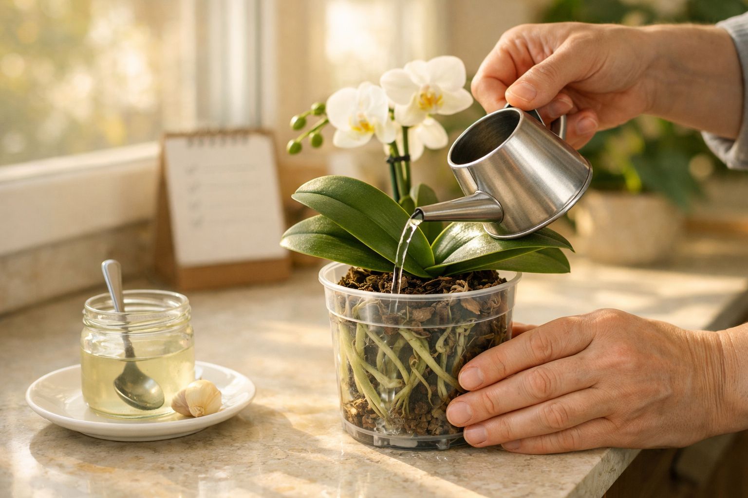Mãos regando orquídea branca numa jarra transparente, com regador prateado, junto a frasco com líquido e alho numa mesa.