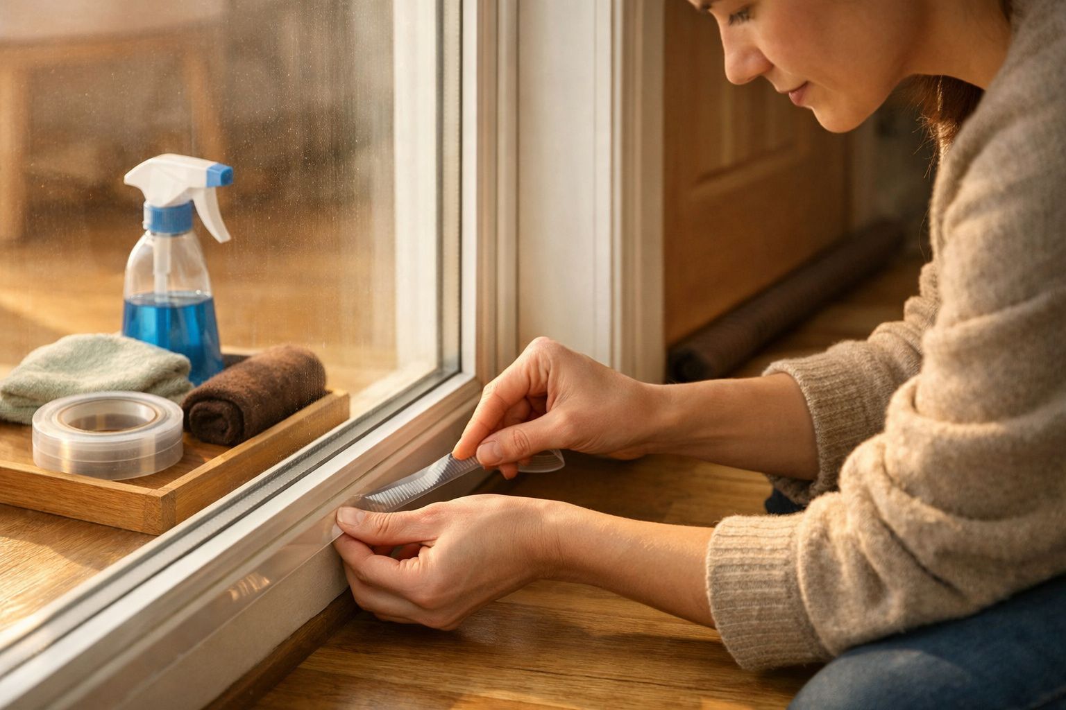 Pessoa aplica fita adesiva na janela. Ao lado, spray de limpeza e panos sobre bandeja de madeira.