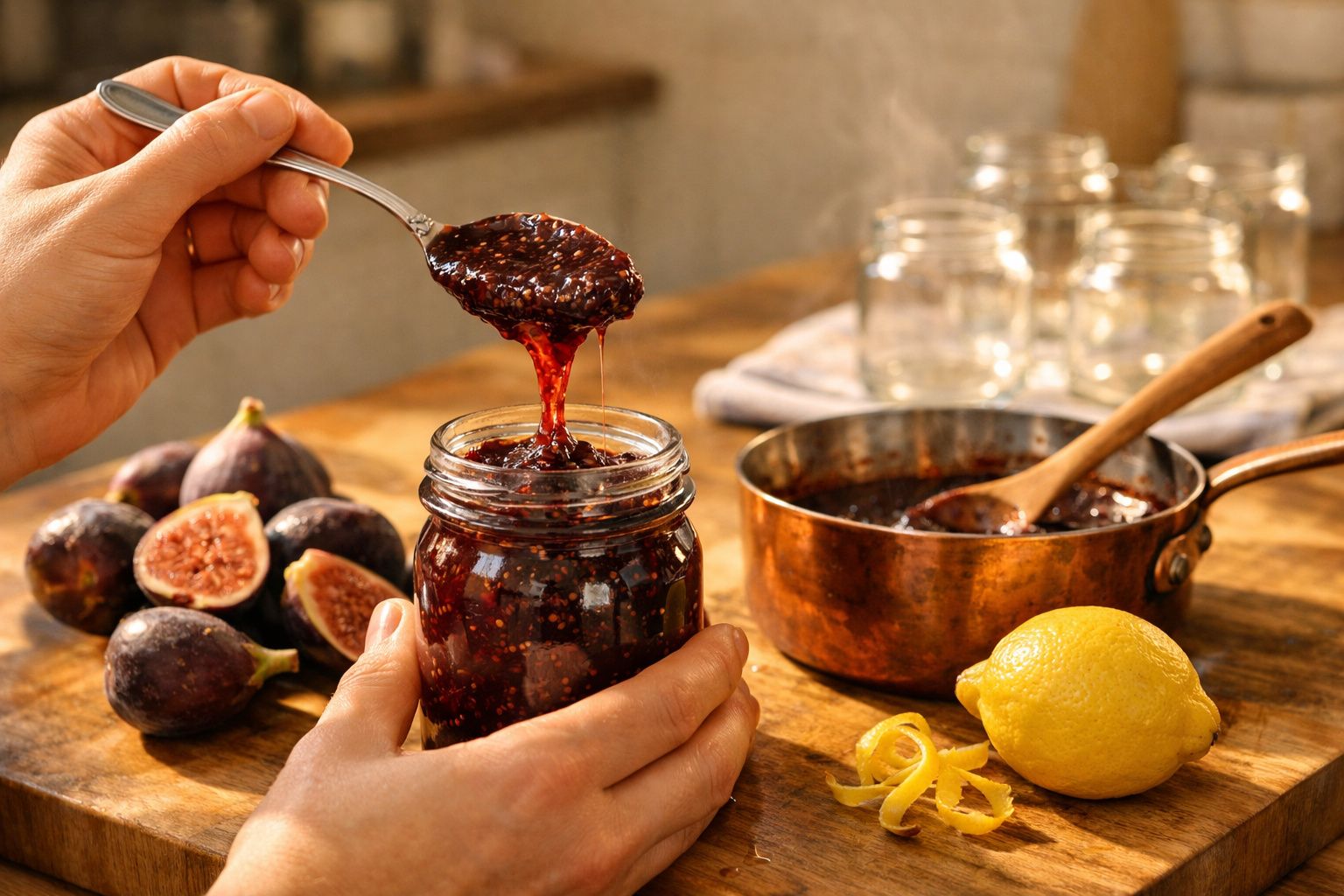 Mãos colocando compota de figo num frasco; figos e limão ao lado, panela ao fundo.