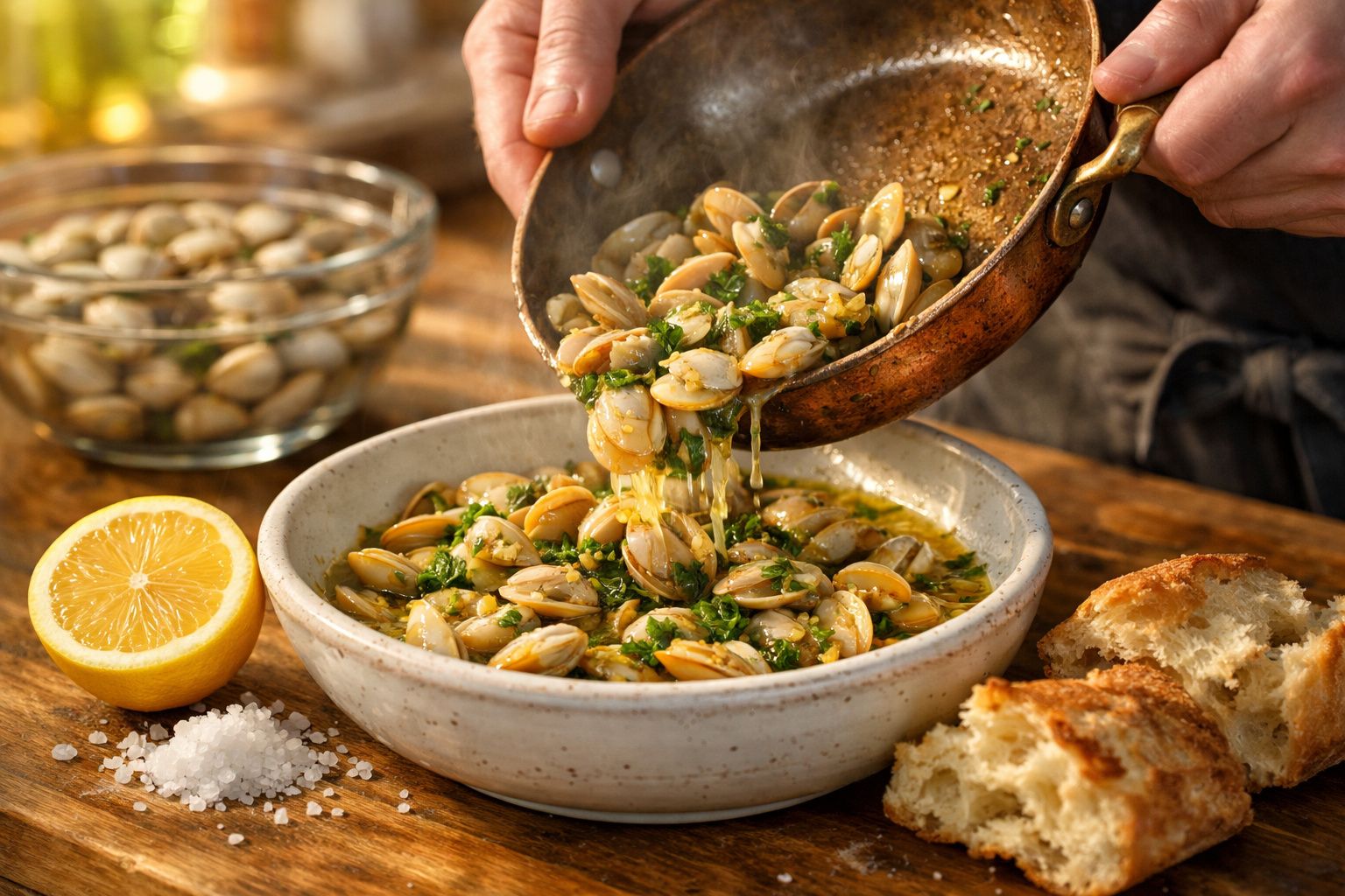 Amêijoas à Bulhão Pato numa tigela, temperadas com alho e coentros. Fatias de pão e limão ao lado.