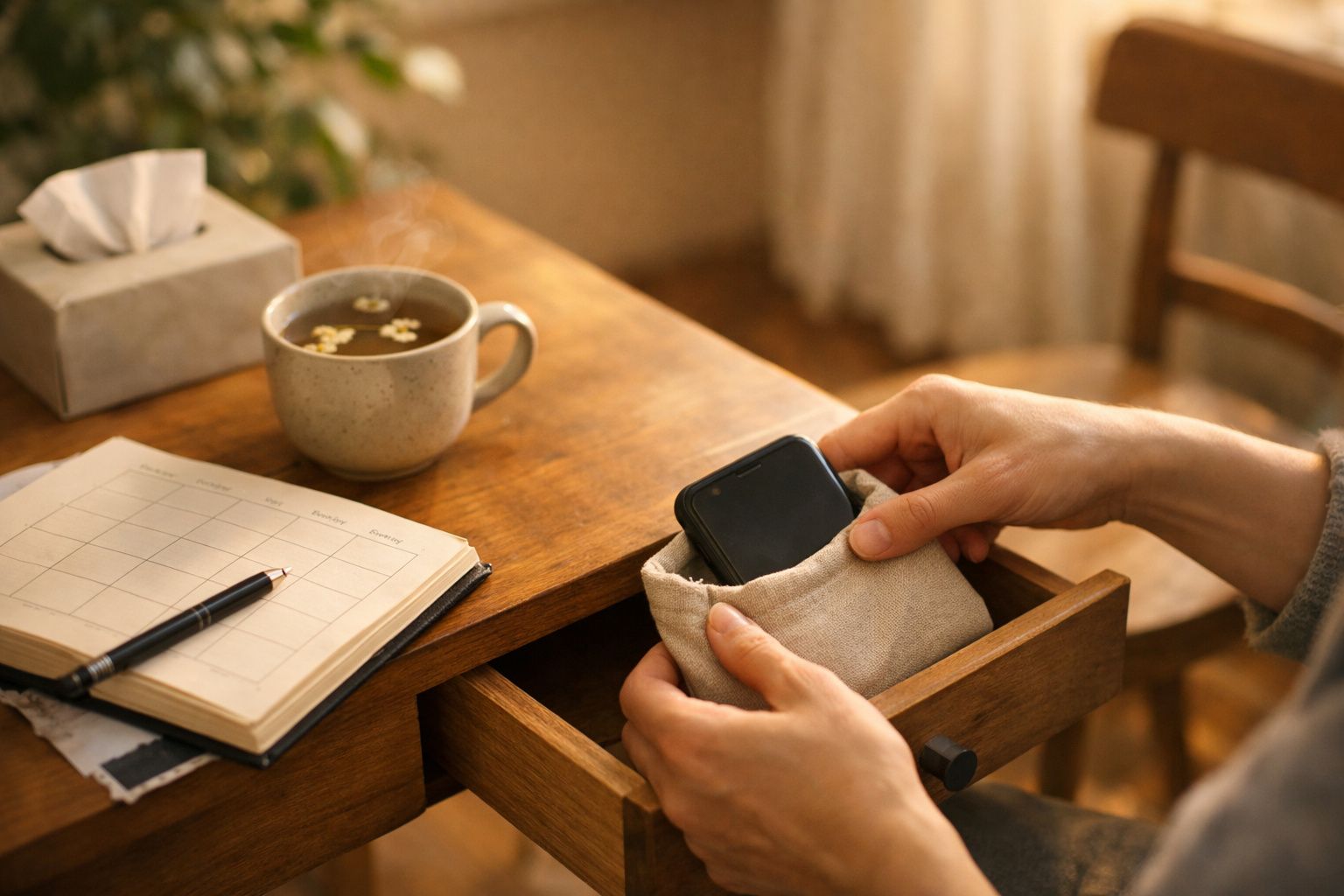 Mãos guardando telemóvel numa bolsa, sobre mesa com chávena de chá, caderno aberto e caixa de lenços.