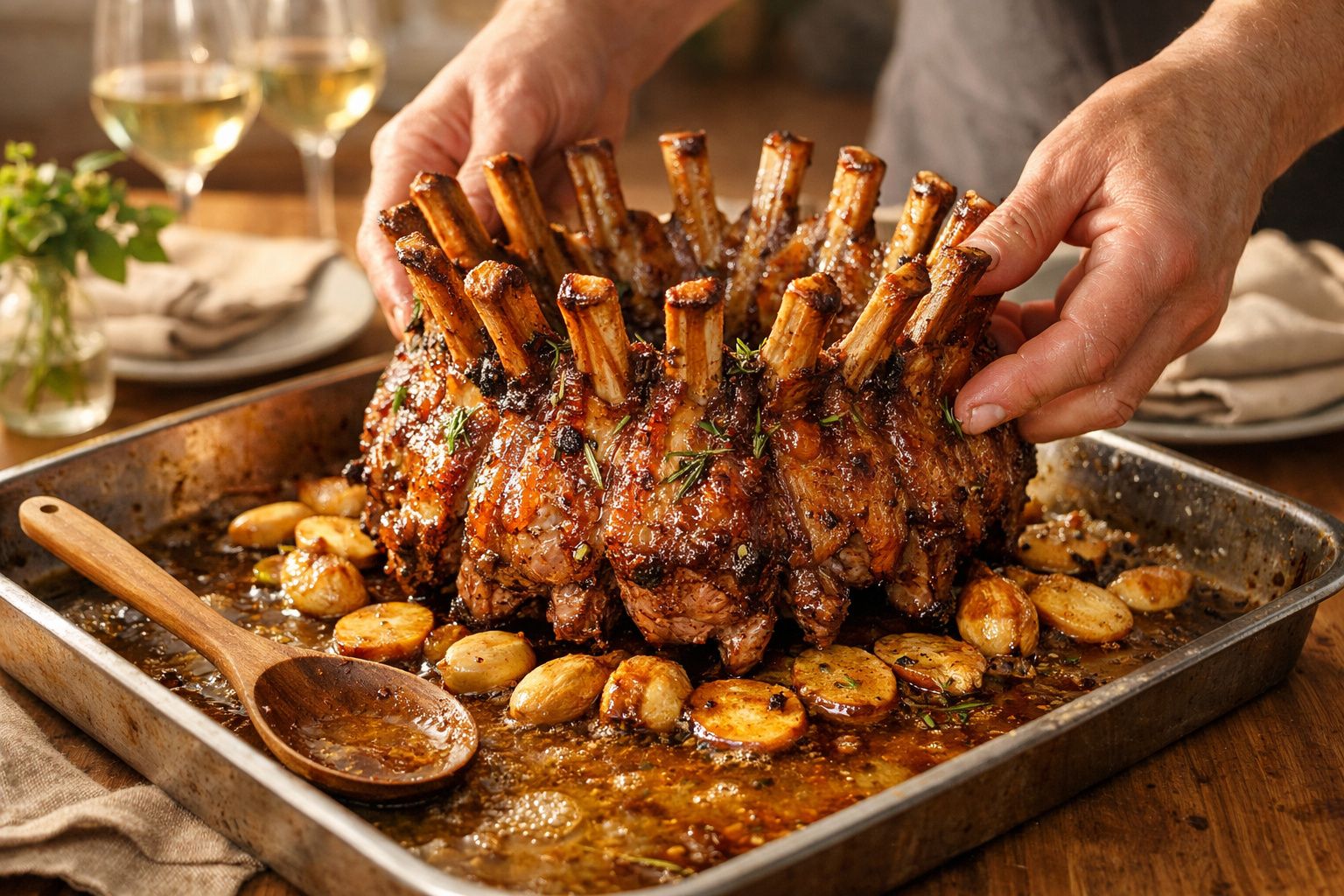 Mãos segurando coroa de costeletas de carne assada com batatas e alecrim num tabuleiro.