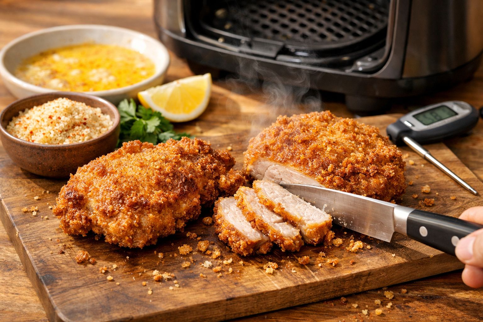 Bifes de frango panados cortados numa tábua de madeira com acompanhamento de molho, limão e termómetro alimentar.