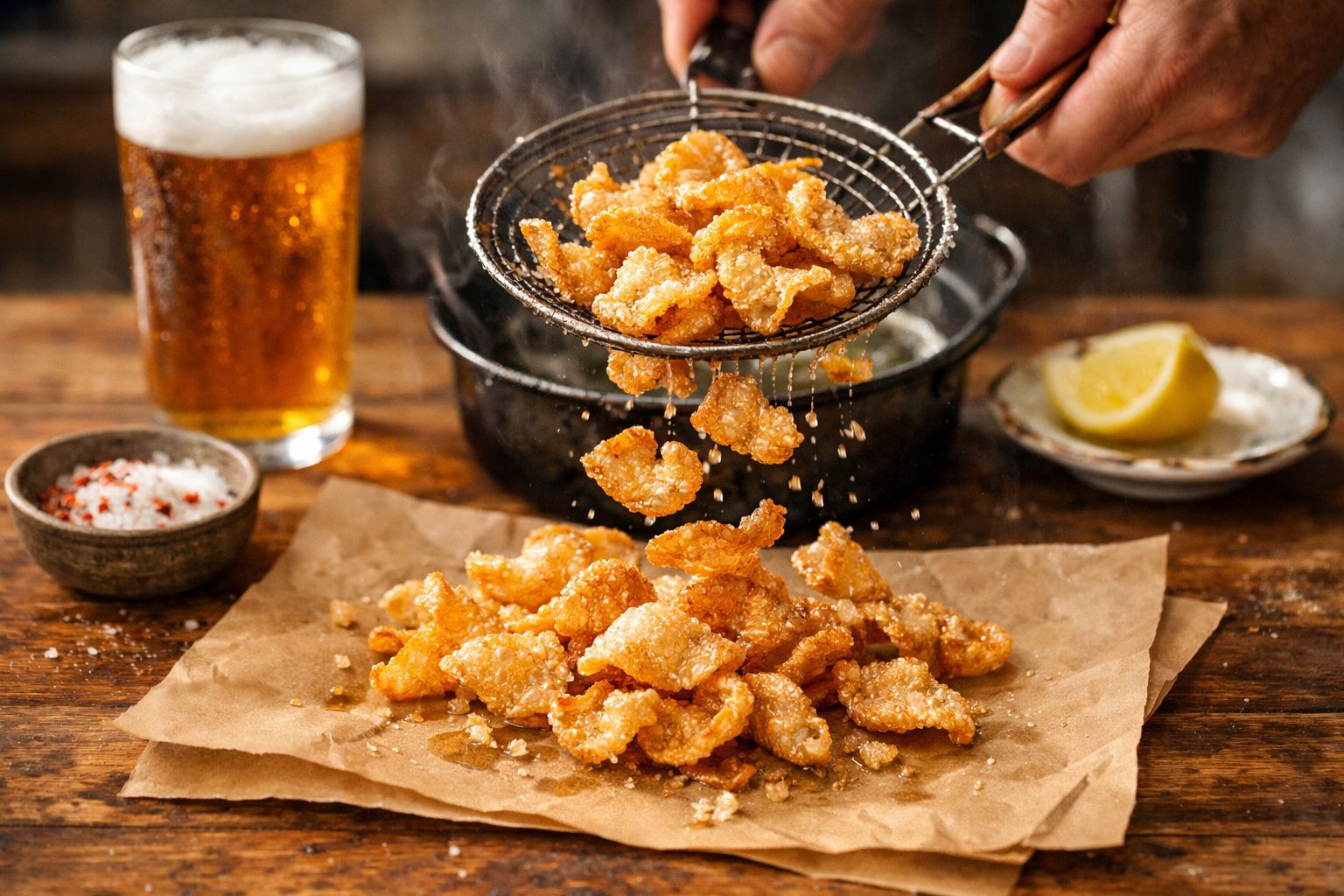 Mãos seguram peneira com torresmos dourados sobre papel pardo, com cerveja e limão ao fundo.