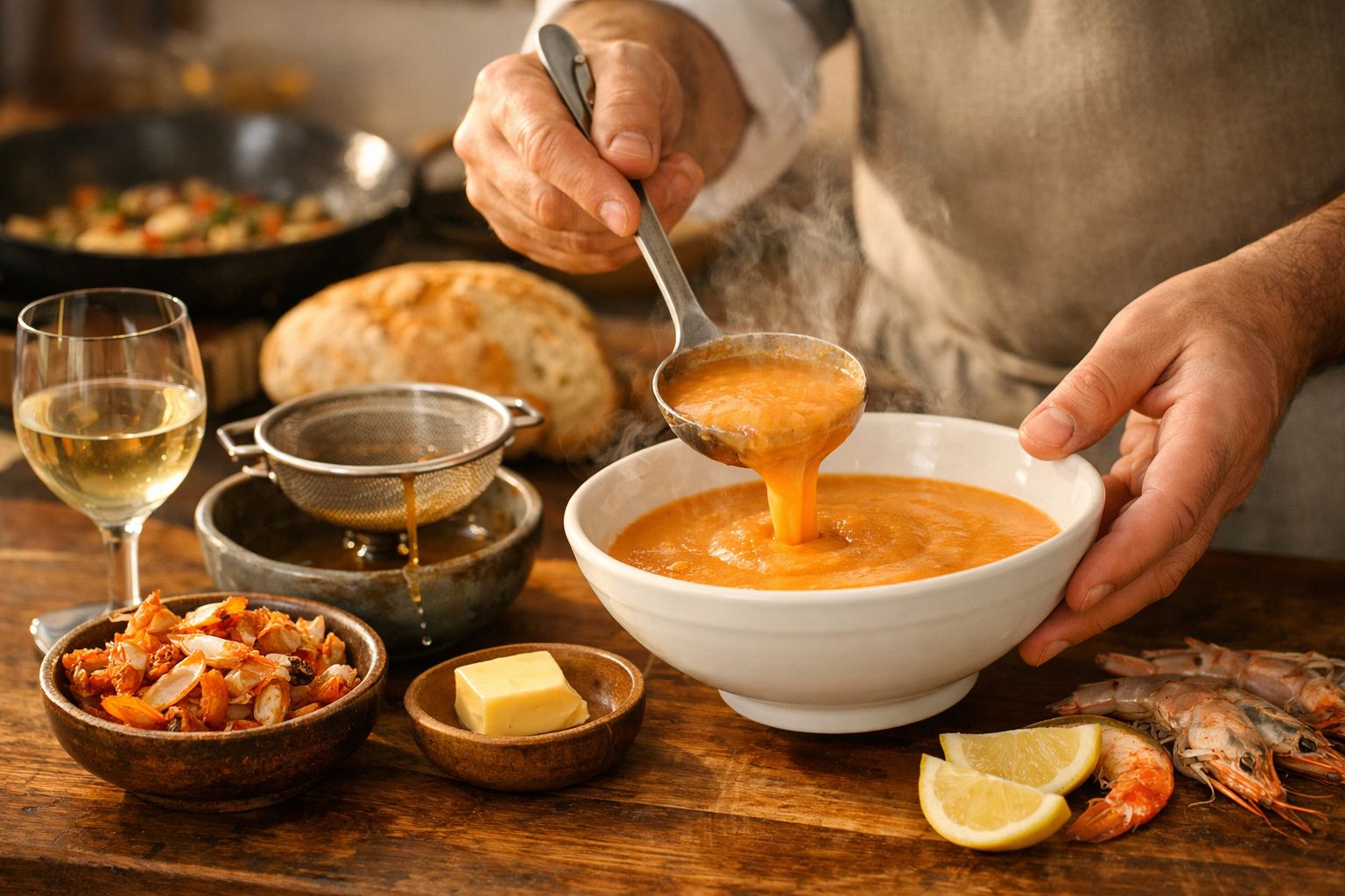 Pessoa servindo sopa de camarão numa tigela branca, com pão, camarões, limão, manteiga e taça de vinho ao lado.