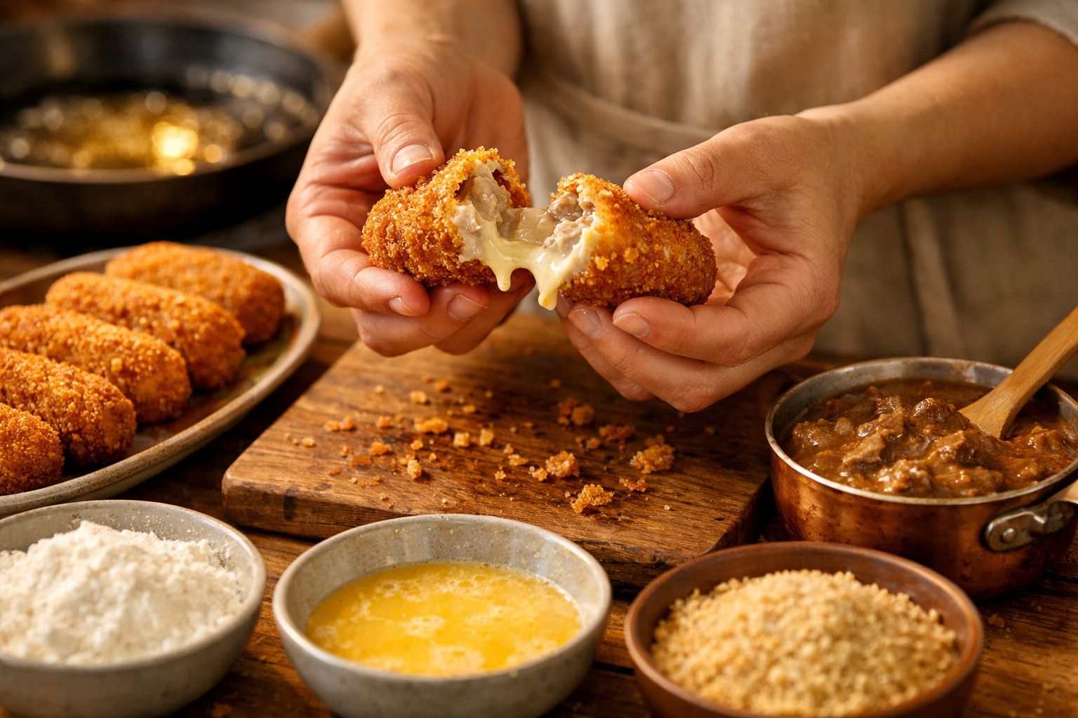 Mãos abrindo croquete recheado com queijo derretido, rodeado de ingredientes como farinha e ovo, em cozinha.