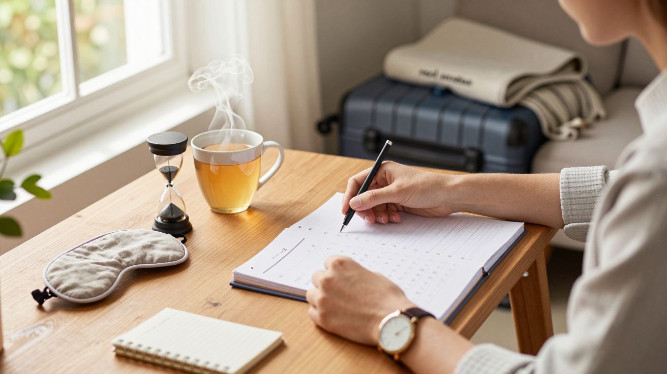 Pessoa a escrever num diário, com chá fumegante, ampulheta e máscara para dormir numa mesa ao lado de uma mala.