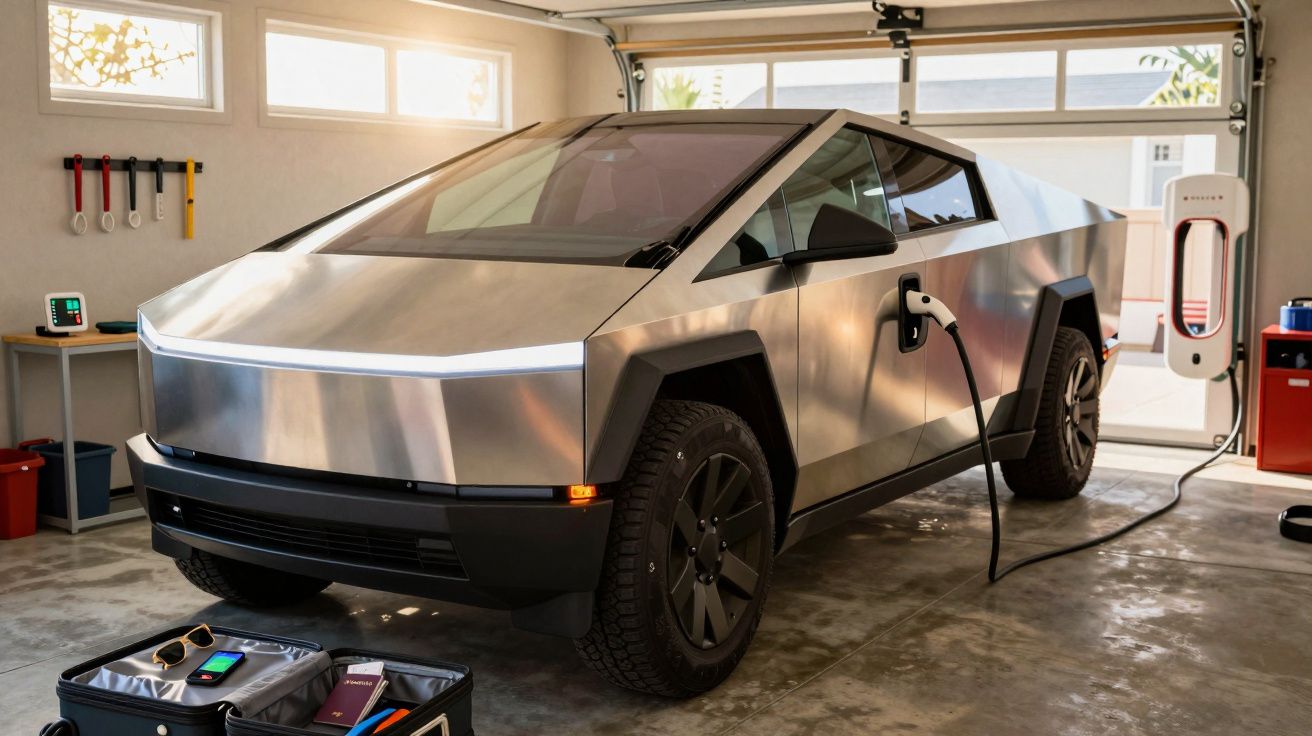 Camião elétrico futurista prateado a carregar numa garagem moderna, com ferramentas penduradas na parede.