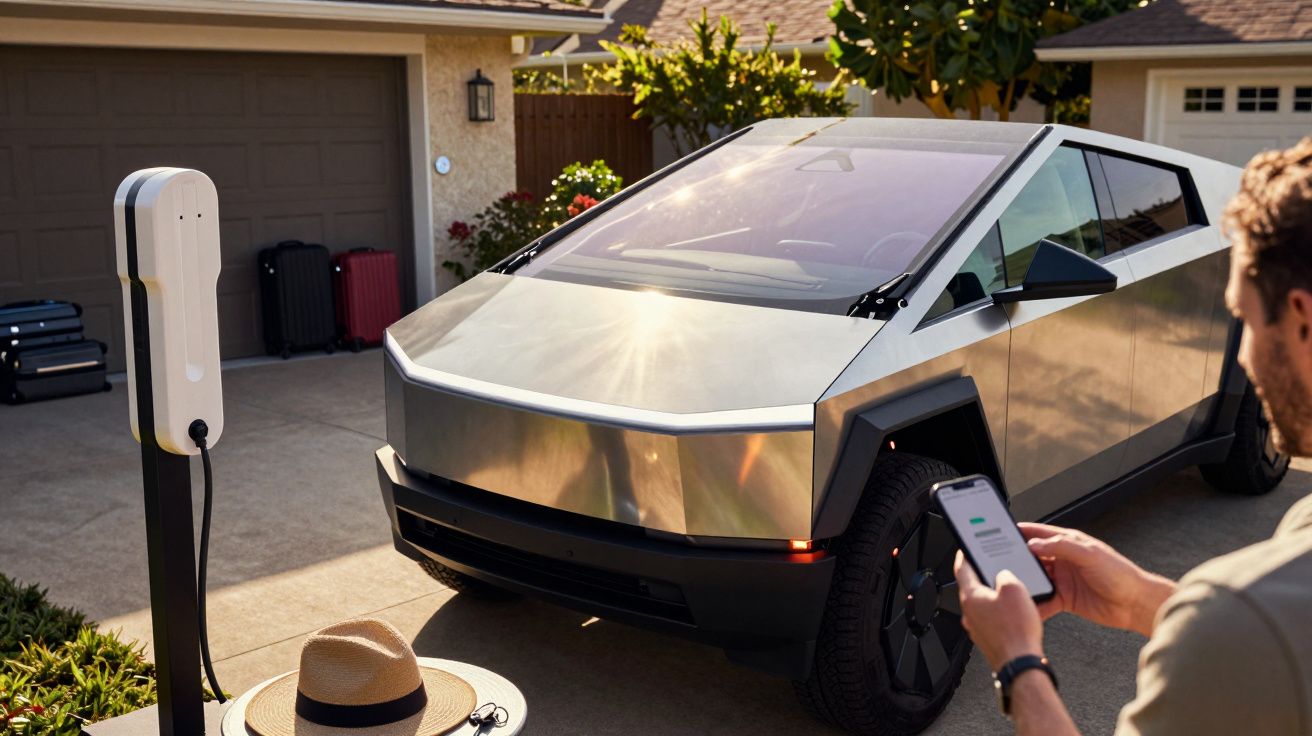 Homem usando smartphone perto de carro elétrico moderno a carregar numa garagem ao lado de malas e chapéu.