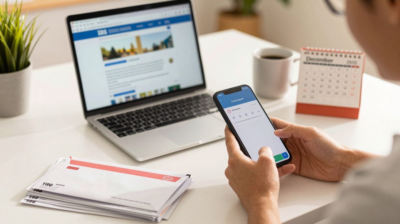 Pessoa usando smartphone em mesa com portátil, envelopes, planta e calendário de dezembro.