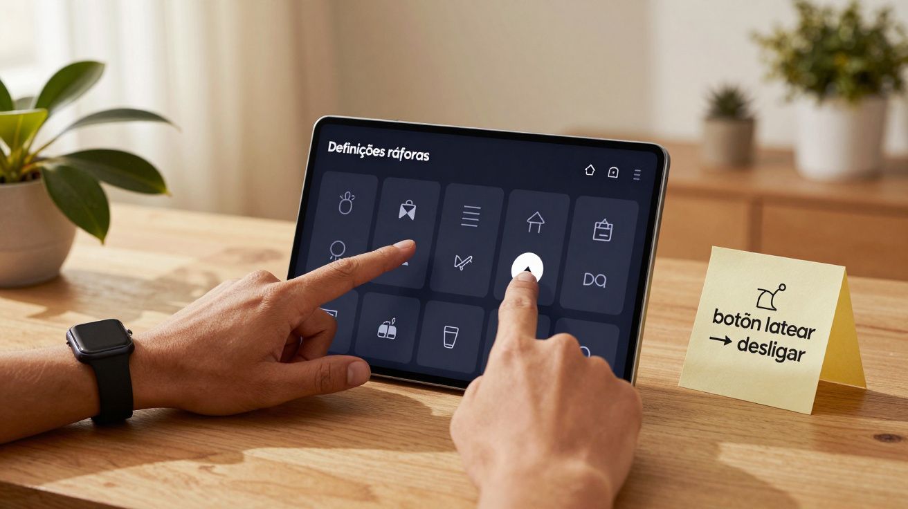 Pessoa a usar um tablet com ícones de configurações, numa mesa de madeira, ao lado de um post-it com instruções.