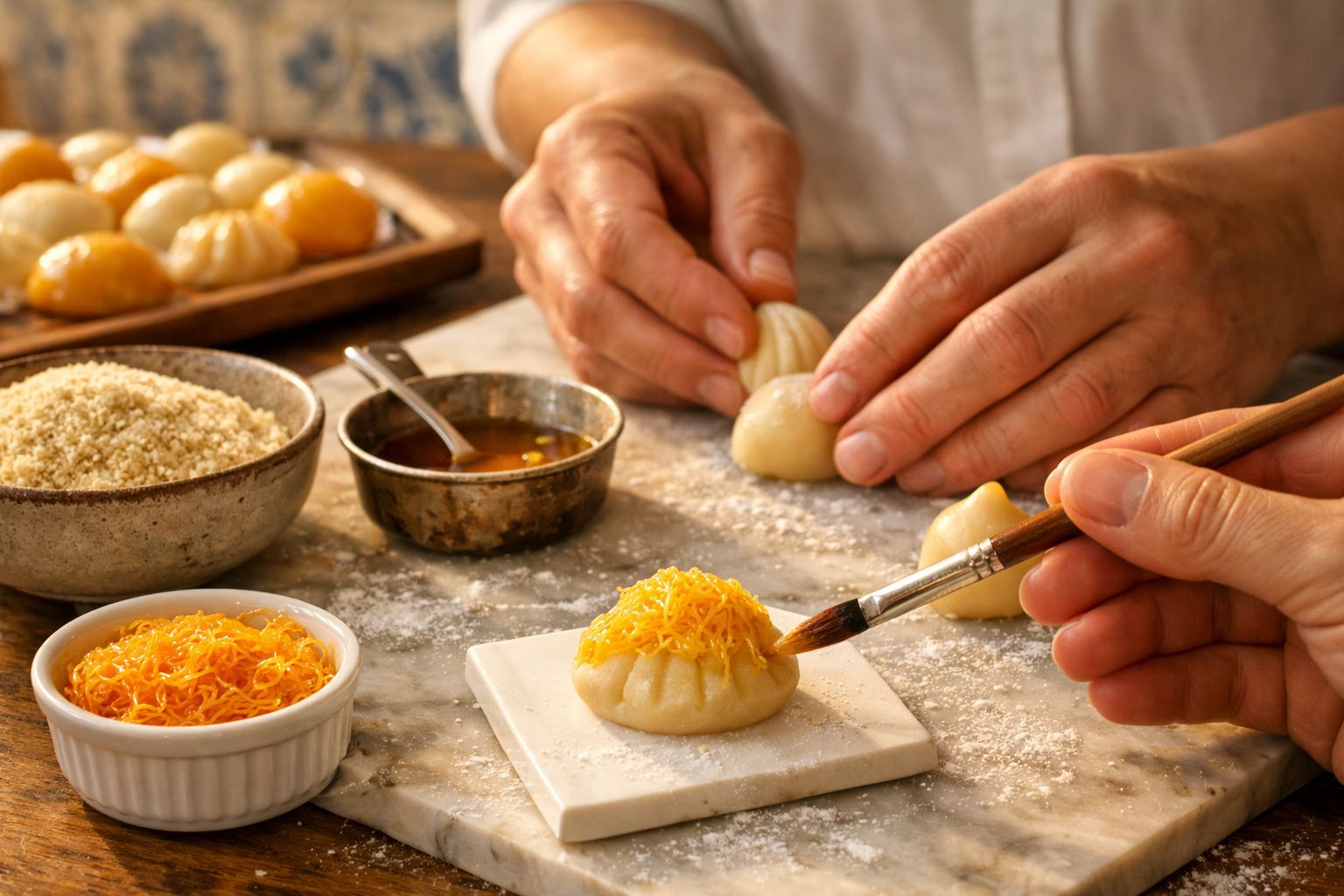 Mãos a preparar bolinhos com recheio e cobertura de fios amarelos, junto a tigelas com ingredientes, numa mesa de cozinha.