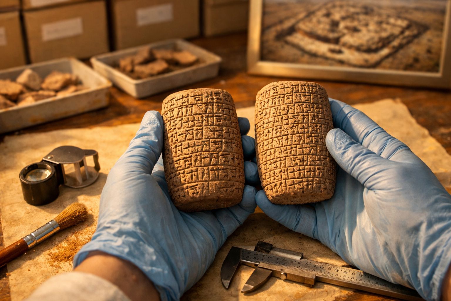 Mãos com luvas seguram duas tábuas de argila antigas com escrita cuneiforme, cercadas por ferramentas arqueológicas.
