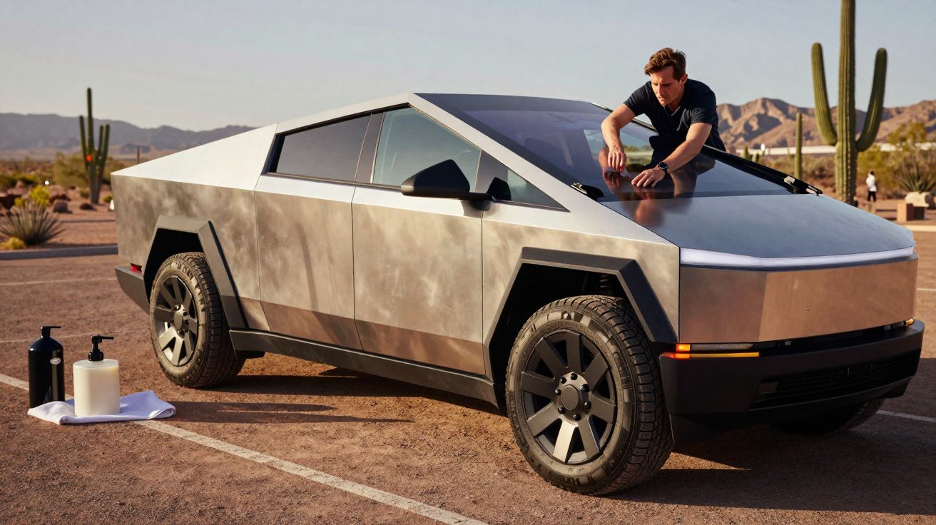 Homem limpa veículo futurista prateado num cenário desértico com cactos ao fundo.