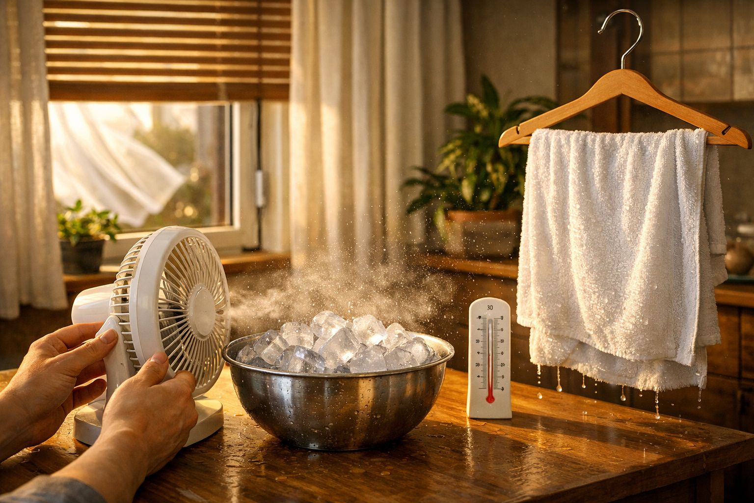 Ventoinha a soprar sobre uma taça de gelo, termómetro a indicar temperatura alta e toalha molhada a pingar.