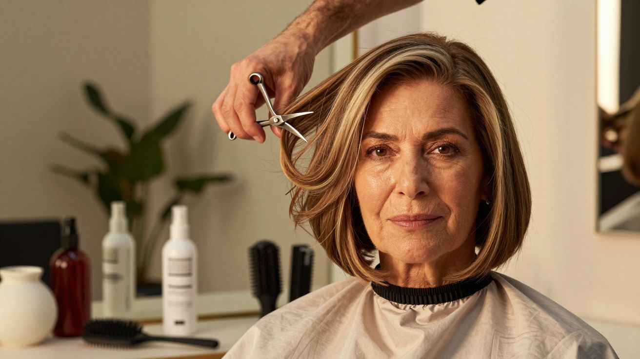 Mulher com cabelo curto a ser cortado por cabeleireiro num salão, com produtos de cabelo no fundo.