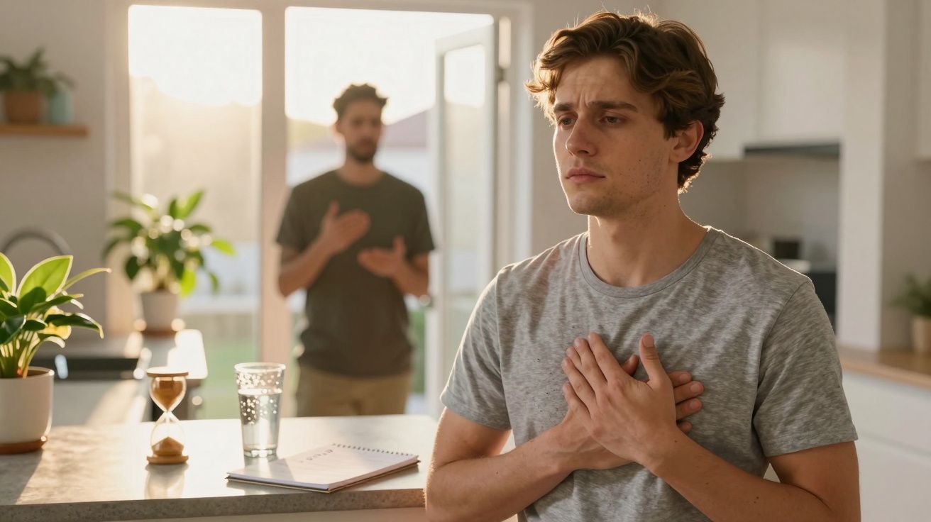 Homem em pé, mãos no peito, em cozinha iluminada; outro homem desfocado ao fundo.