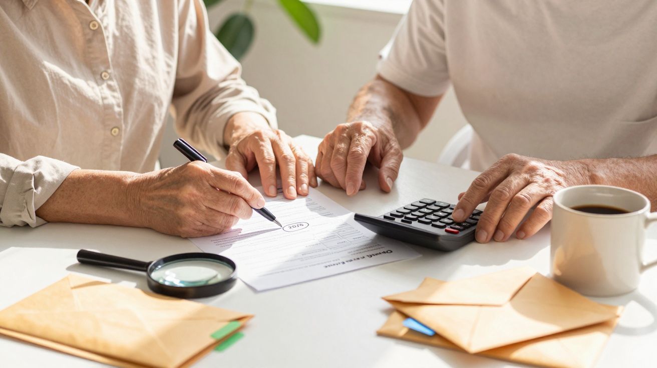 Duas pessoas a rever documentos numa mesa, com uma calculadora, lupa e envelopes, enquanto uma toma café.