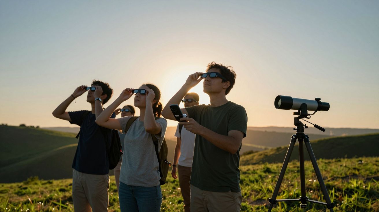 Grupo de pessoas observa eclipse solar ao pôr do sol, usando óculos de proteção. Telescópio ao lado direito.