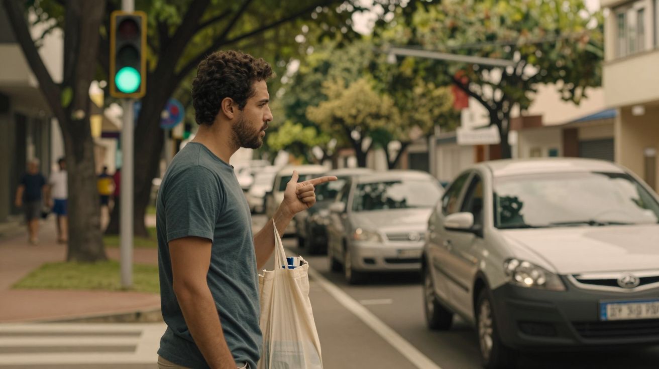 Homem junto a semáforo verde aponta para carros na rua, segurando um saco de compras.