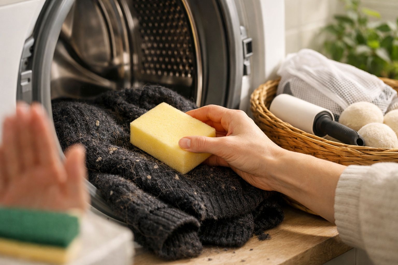 Mão a limpar camisola preta com esponja amarela, ao lado de máquina de lavar e cesto com bolas de lã.